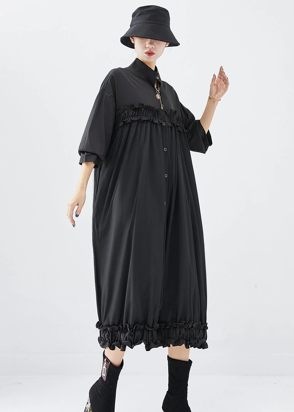 DIY Black Stand Collar Ruffled Cotton Vacation Dresses Fall - Image 3