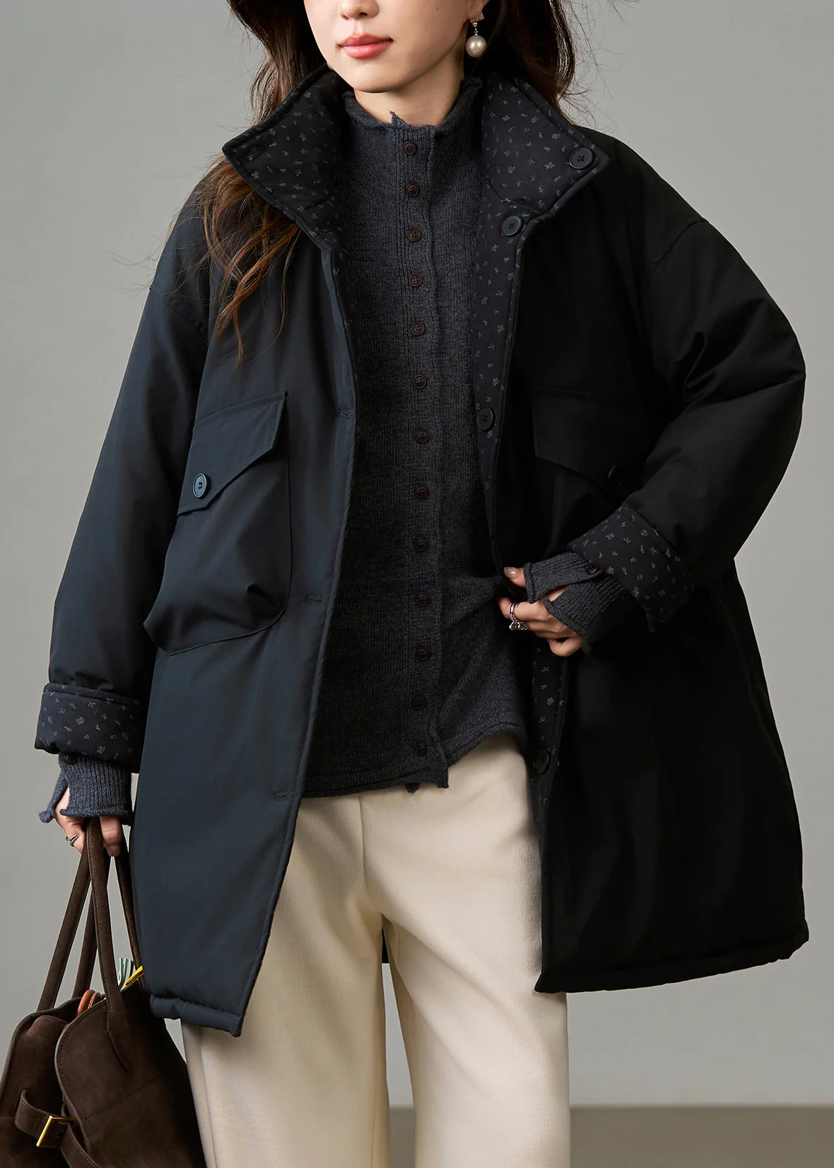 DIY Black Stand Collar Wear On Both Sides Fine Cotton Filled Winter Coats - Image 2