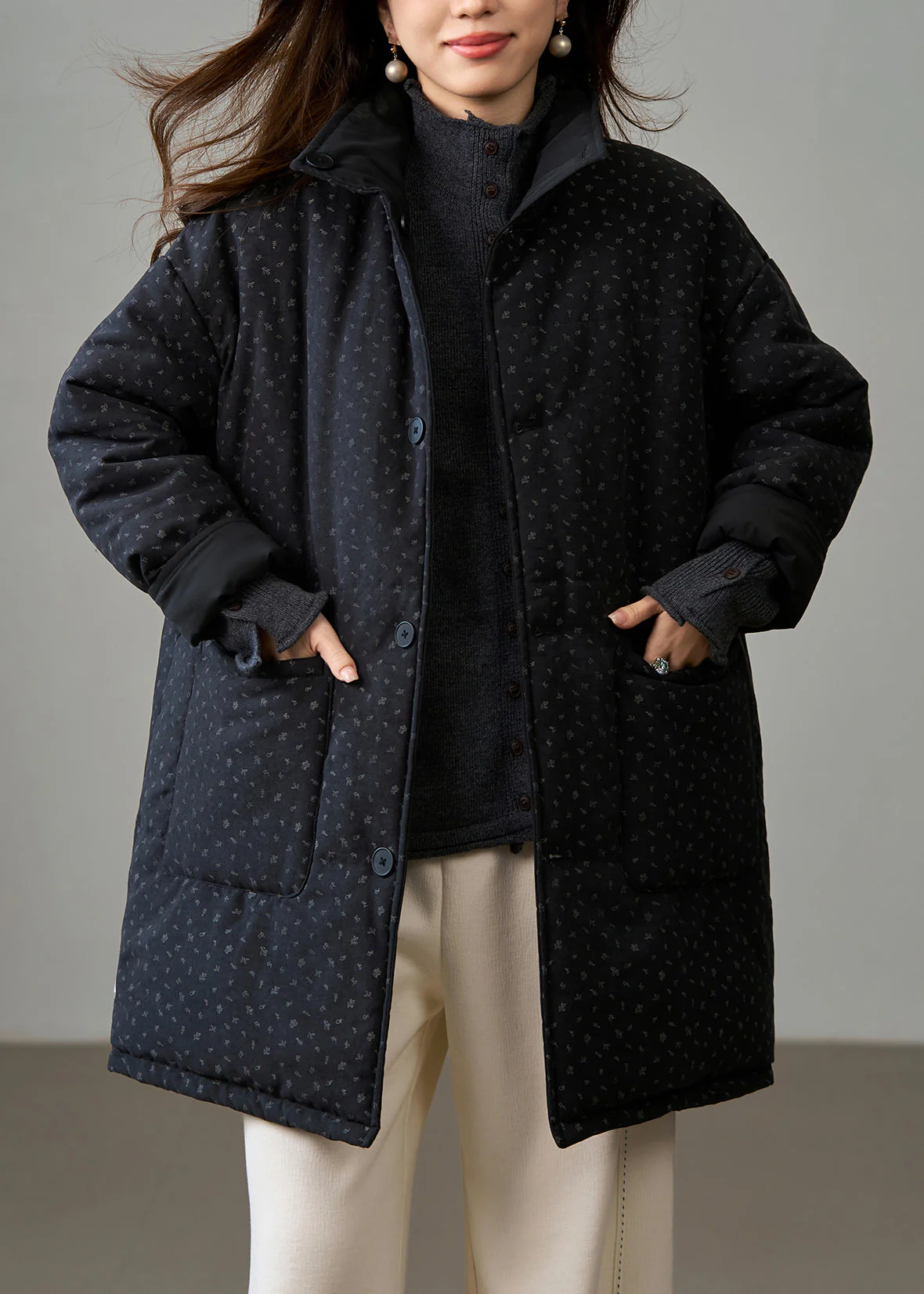DIY Black Stand Collar Wear On Both Sides Fine Cotton Filled Winter Coats - Image 3