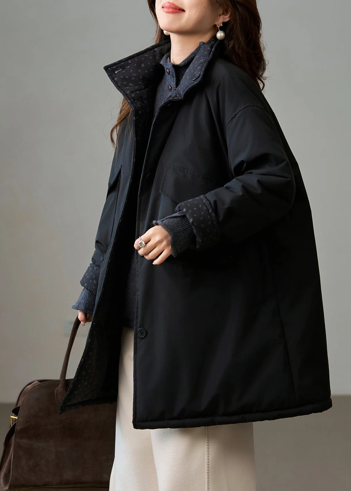 DIY Black Stand Collar Wear On Both Sides Fine Cotton Filled Winter Coats - Image 4