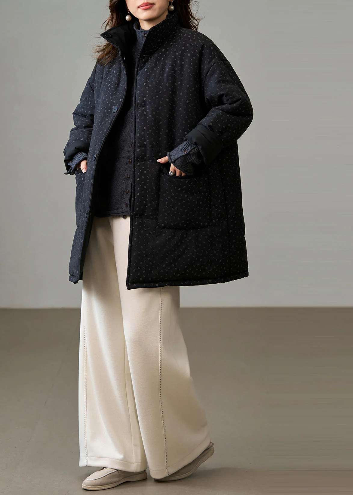 DIY Black Stand Collar Wear On Both Sides Fine Cotton Filled Winter Coats - Image 5