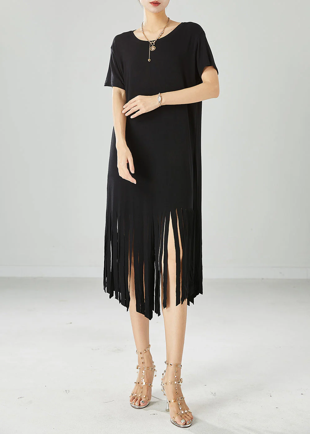 Diy Black Tasseled Slim Fit Cotton Long Dress Summer - Image 2