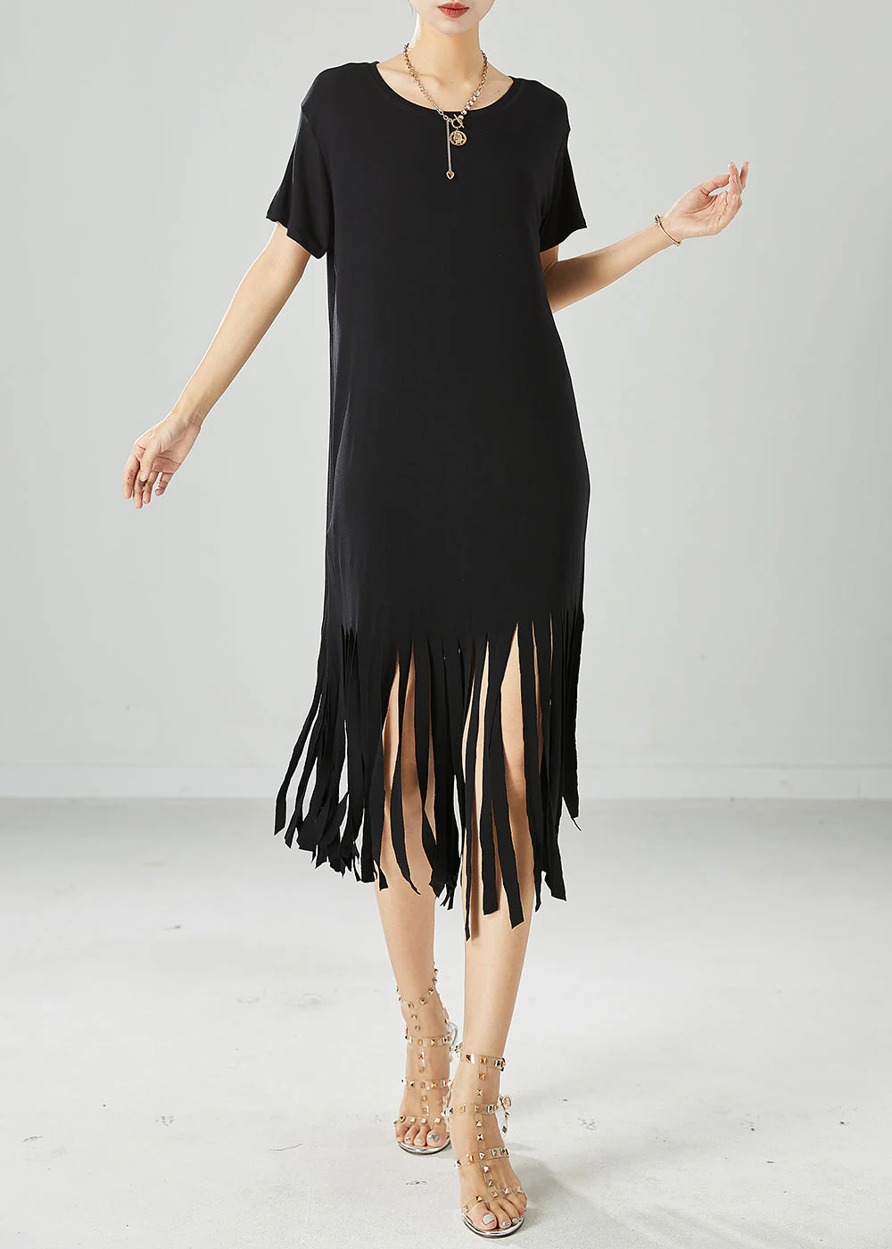 Diy Black Tasseled Slim Fit Cotton Long Dress Summer - Image 3