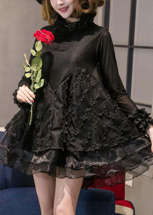 DIY Black Turtle Neck organza Lace Vacation Dress Spring - Image 2
