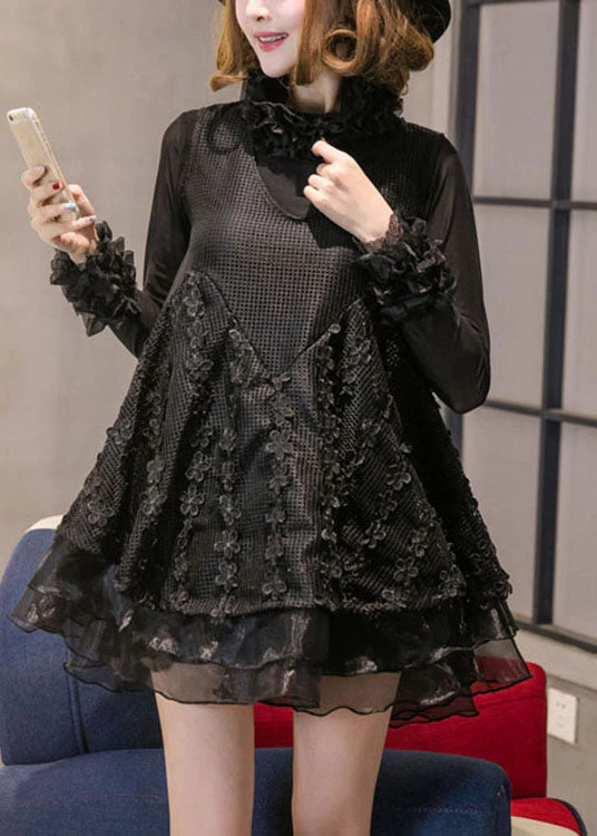 DIY Black Turtle Neck organza Lace Vacation Dress Spring - Image 3
