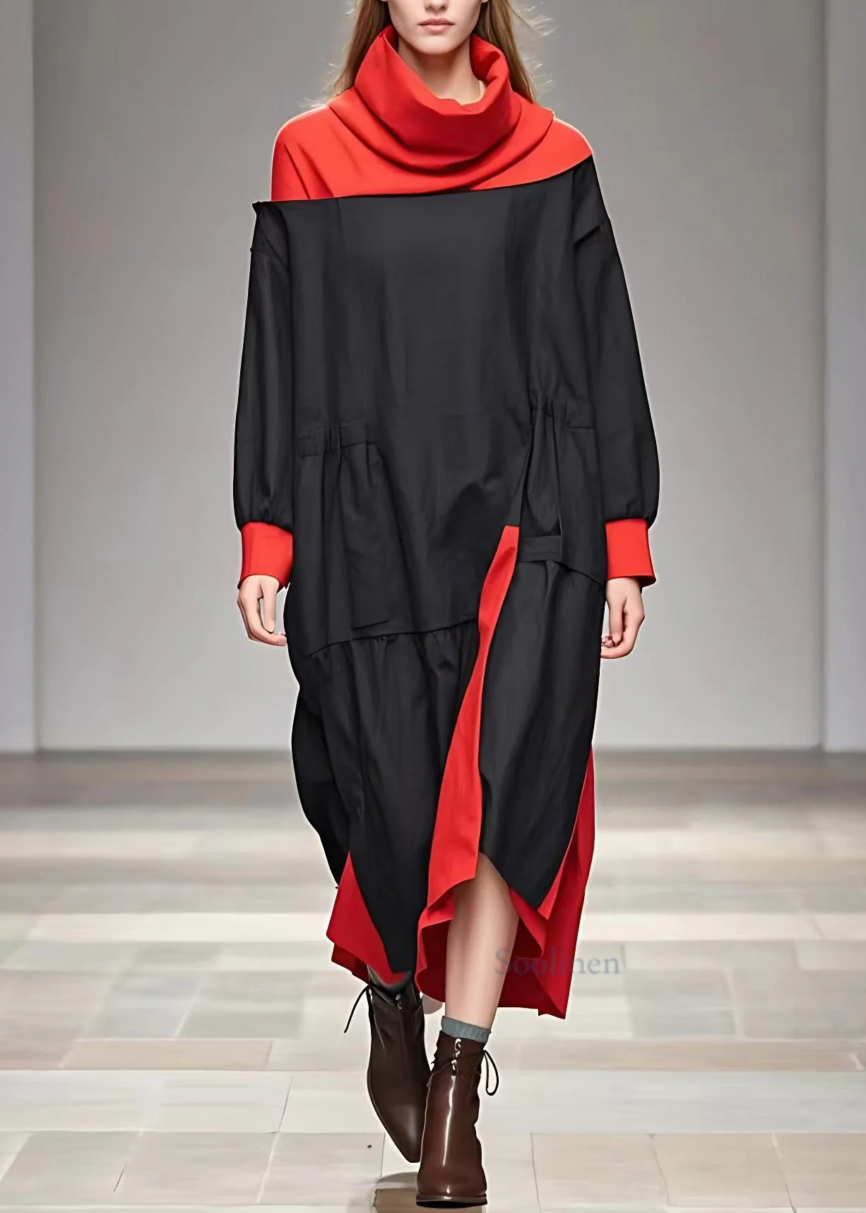 DIY Black Turtleneck Patchwork Holiday Long Dress Fall - Image 2