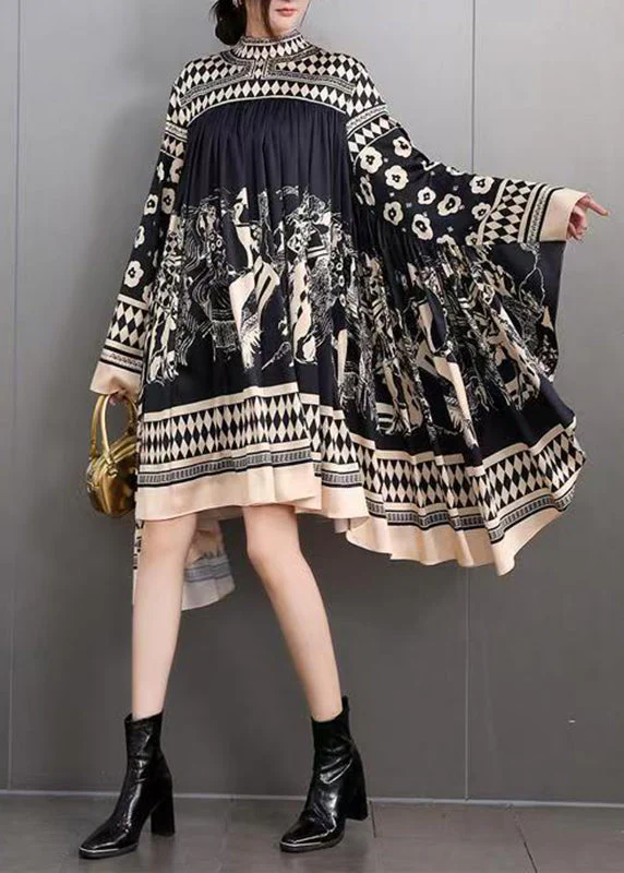 DIY Black Turtleneck Print Maxi Dresses Batwing Sleeve - Image 3
