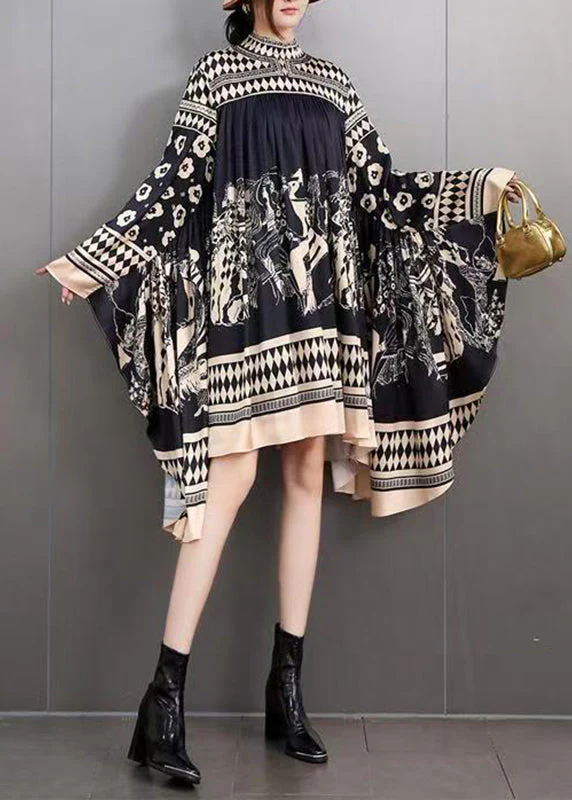 DIY Black Turtleneck Print Maxi Dresses Batwing Sleeve - Image 5