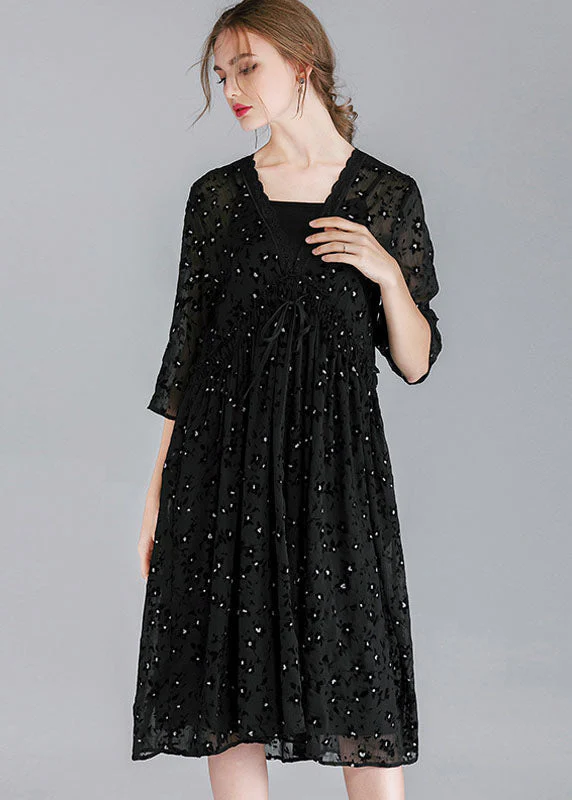 Diy Black V Neck Patchwork Chiffon Dresses Two Pieces Set Spring - Image 2