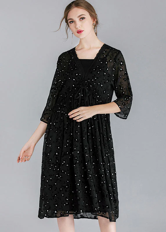 Diy Black V Neck Patchwork Chiffon Dresses Two Pieces Set Spring - Image 3