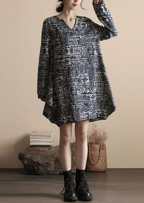 DIY Black V Neck Print Patchwork Linen Dress Spring - Image 2