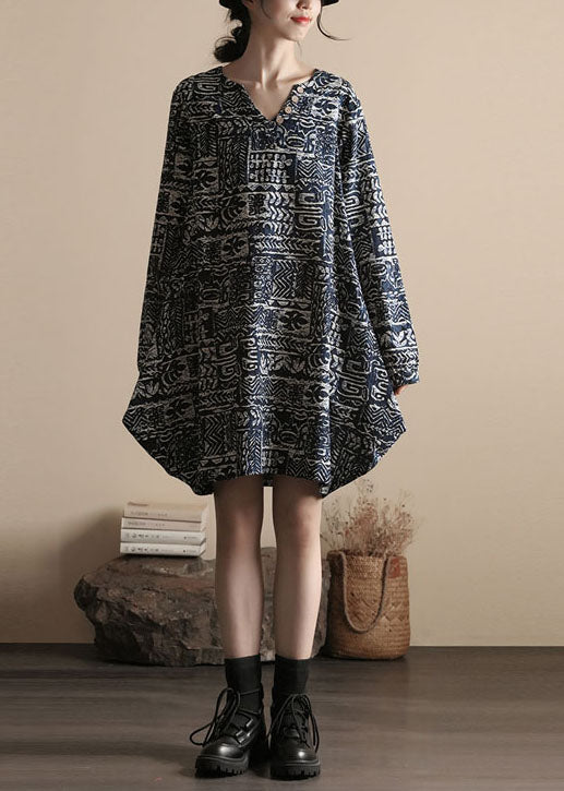 DIY Black V Neck Print Patchwork Linen Dress Spring - Image 3