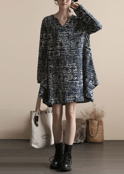 DIY Black V Neck Print Patchwork Linen Dress Spring - Image 4