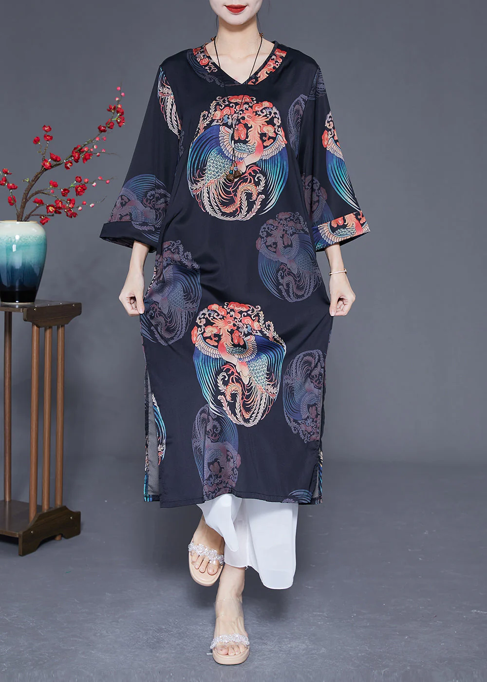 Diy Black V Neck Print Side Open Silk Dresses Bracelet Sleeve - Image 3
