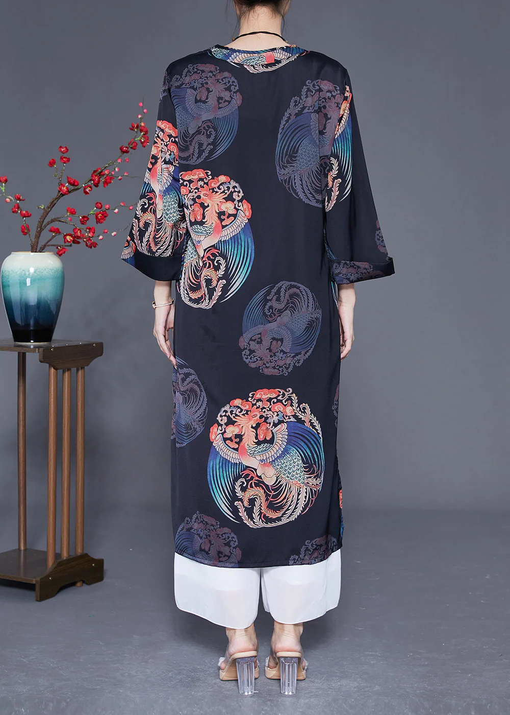 Diy Black V Neck Print Side Open Silk Dresses Bracelet Sleeve - Image 4