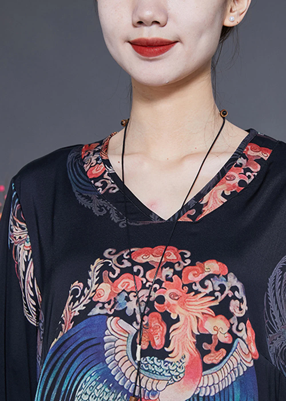 Diy Black V Neck Print Side Open Silk Dresses Bracelet Sleeve - Image 5