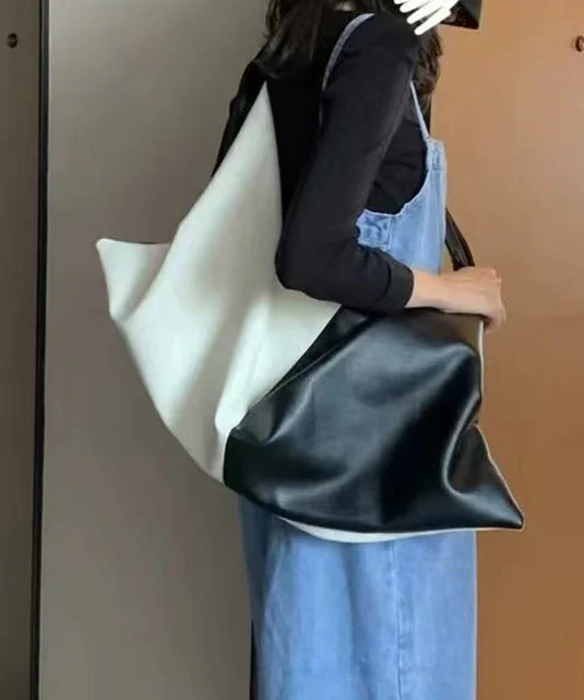 DIY Black White Patchwork Asymmetrical Design Faux Leather Shoulder Handbag - Image 2