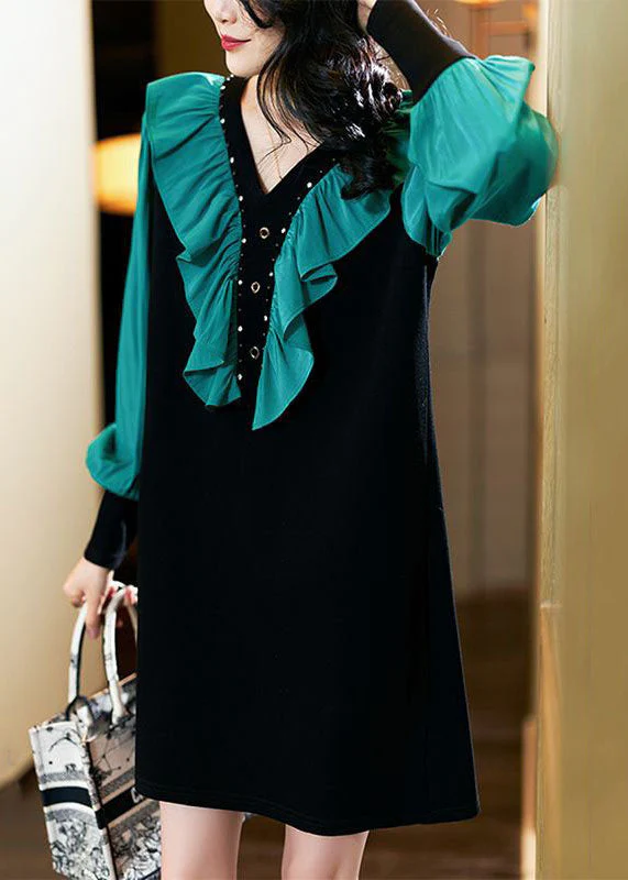 DIY Blackish Green V Neck Ruffled Patchwork Cotton Mid Dresses Spring - Image 2