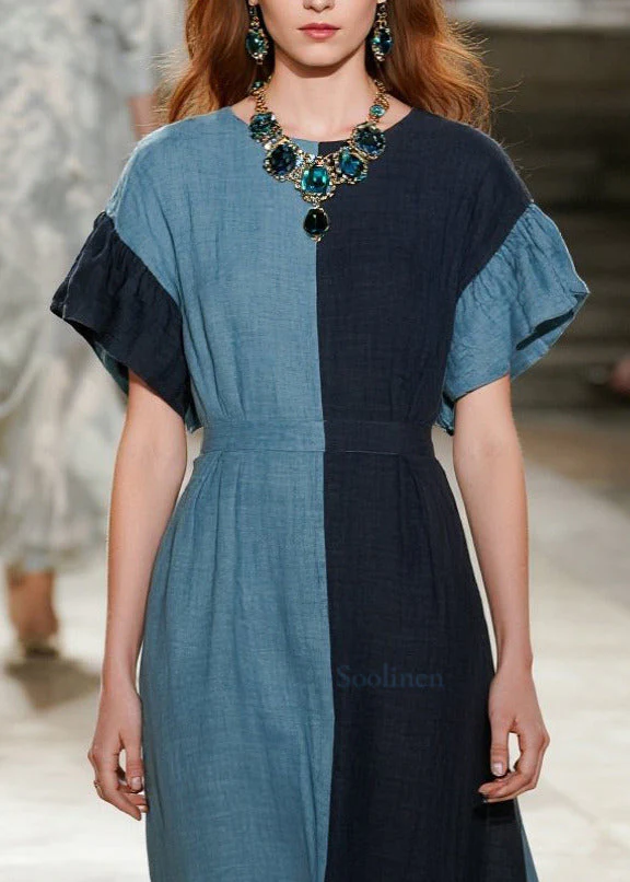 DIY Blue Asymmetrical Patchwork Cotton Ankle Dress Summer - Image 2