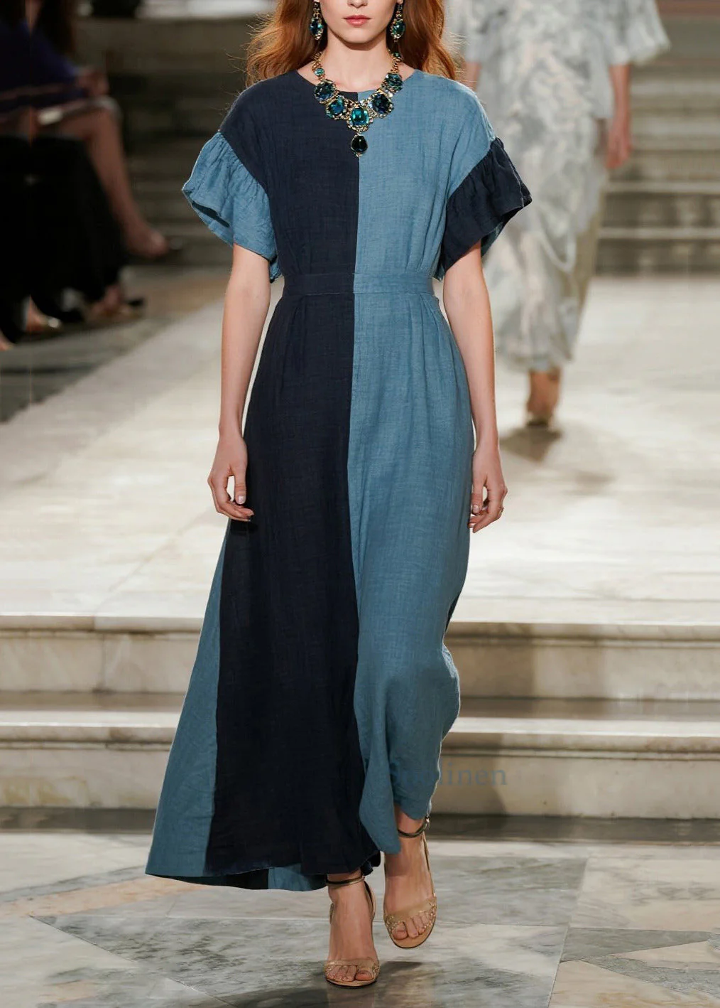DIY Blue Asymmetrical Patchwork Cotton Ankle Dress Summer - Image 3