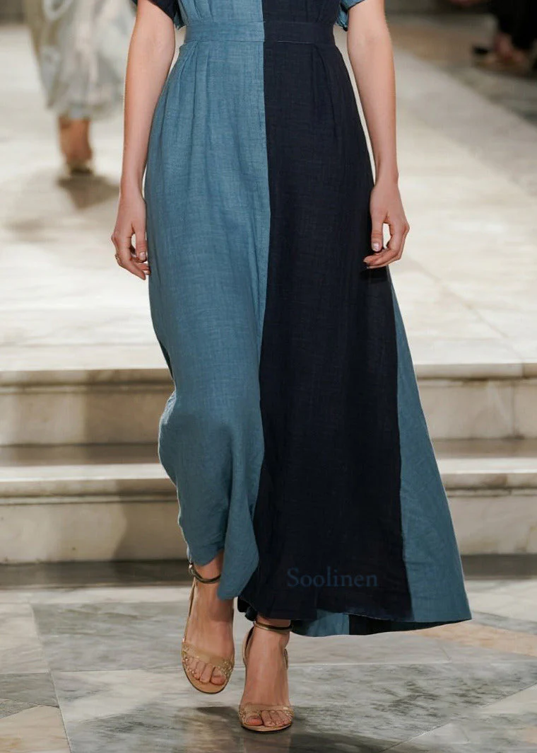 DIY Blue Asymmetrical Patchwork Cotton Ankle Dress Summer - Image 4