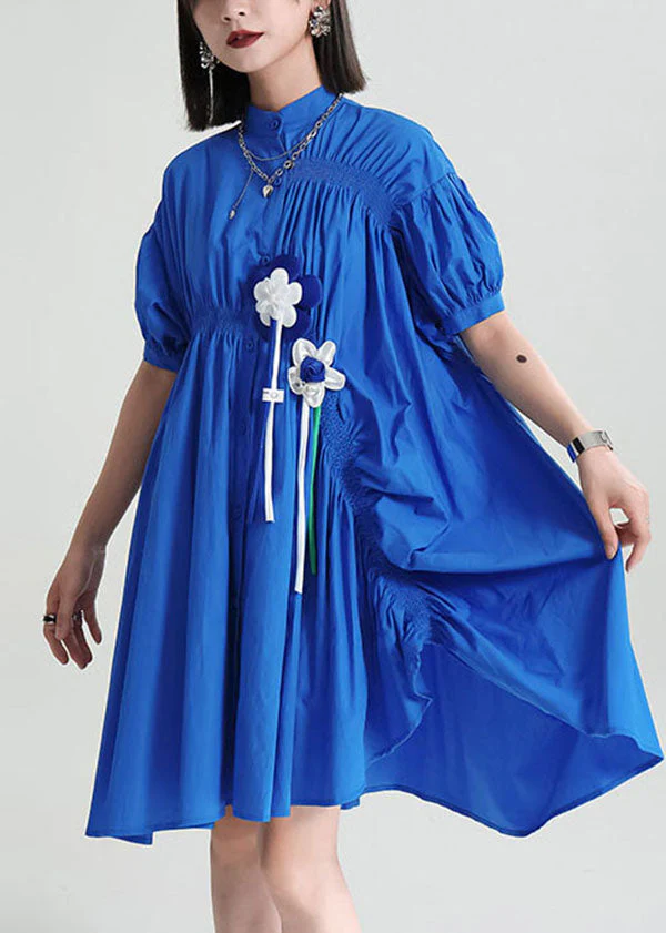 DIY Blue Asymmetrical Wrinkled Applique Cotton Robe Dresses Short Sleeve - Image 2