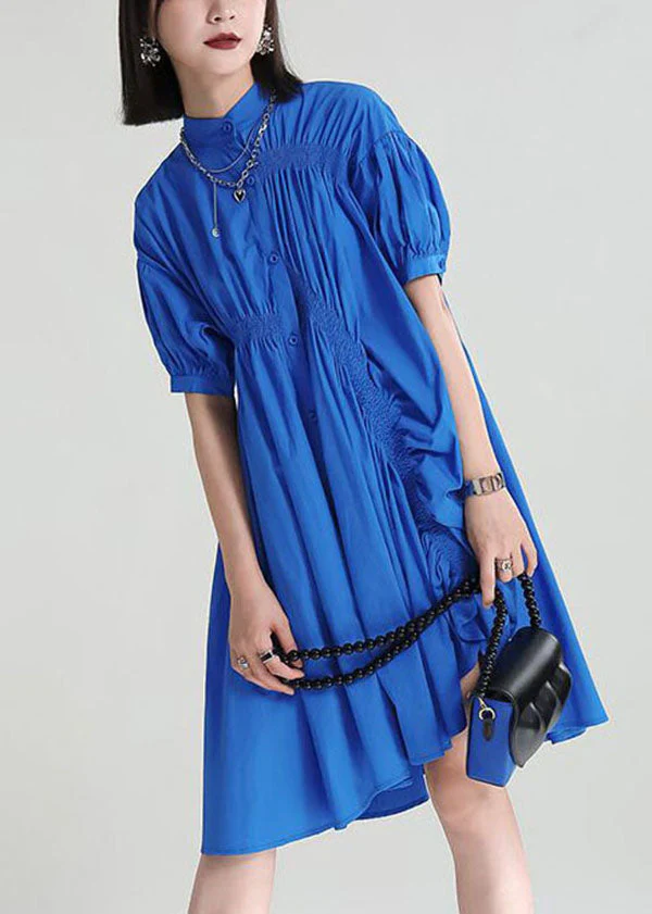 DIY Blue Asymmetrical Wrinkled Applique Cotton Robe Dresses Short Sleeve - Image 3