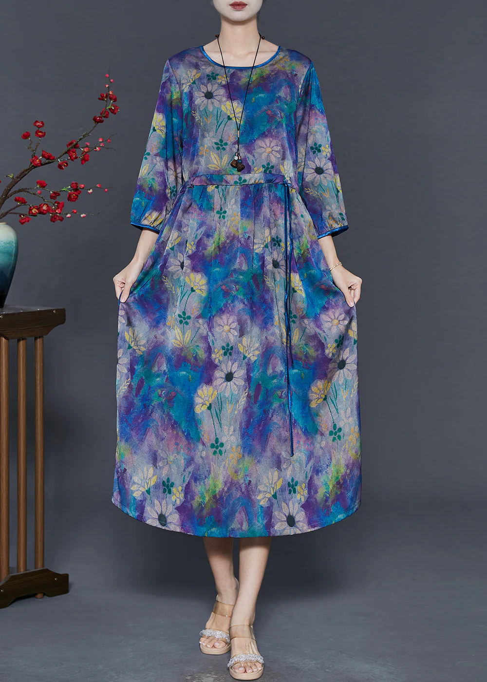 DIY Blue Cinched Print Chiffon Maxi Dresses Bracelet Sleeve - Image 3
