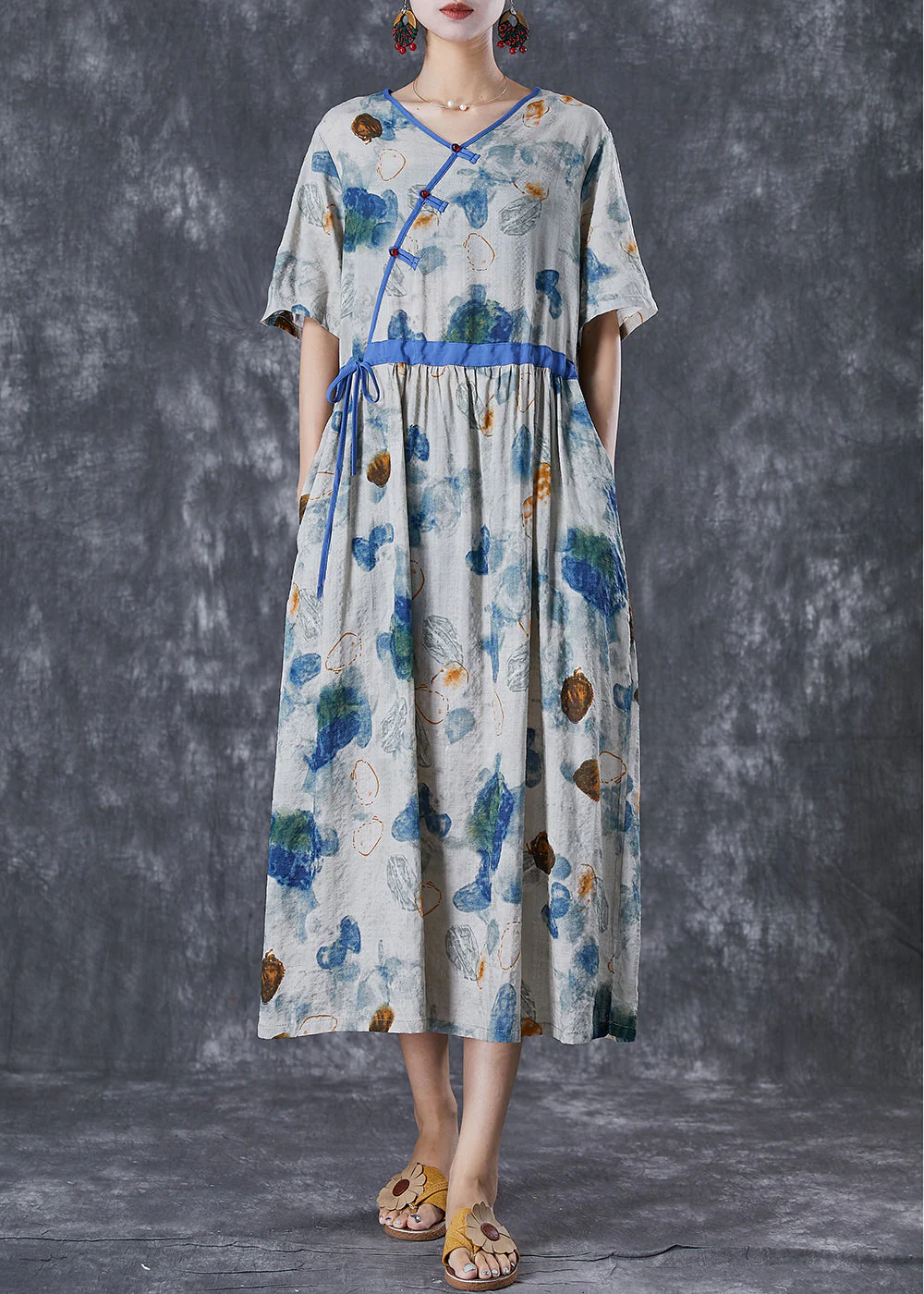 DIY Blue Cinched Print Linen Silk Holiday Dress Summer - Image 2