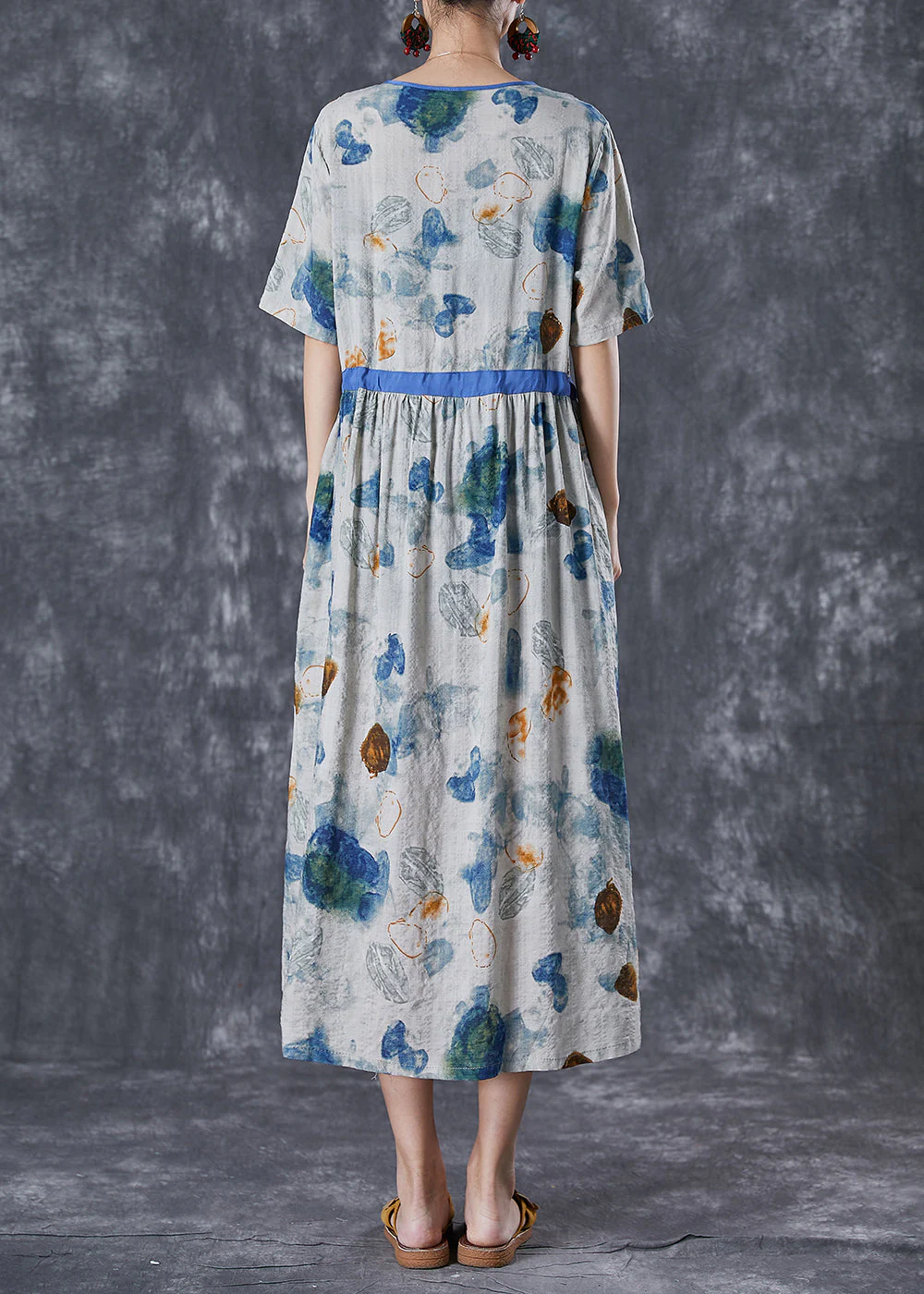 DIY Blue Cinched Print Linen Silk Holiday Dress Summer - Image 3