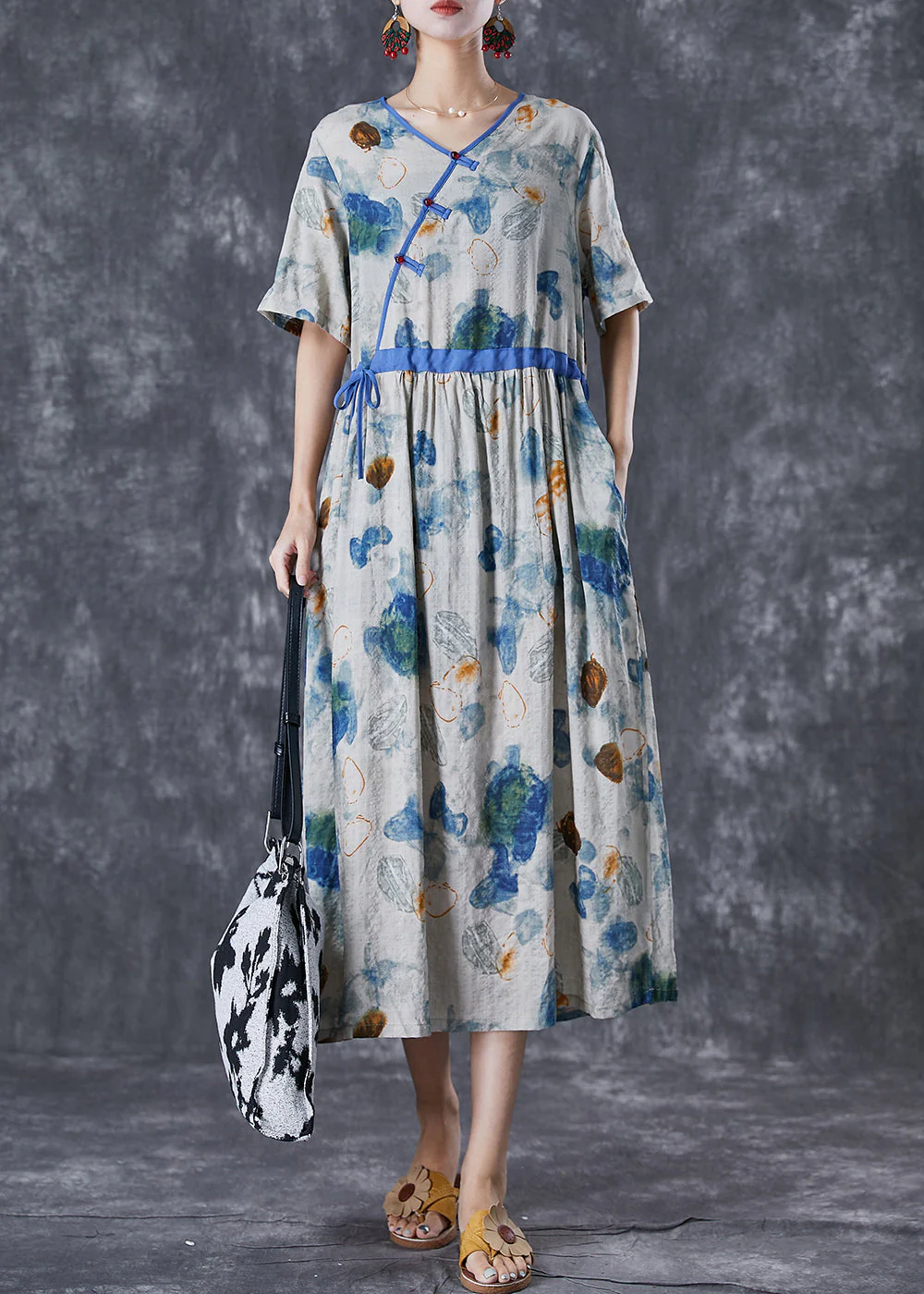 DIY Blue Cinched Print Linen Silk Holiday Dress Summer - Image 4