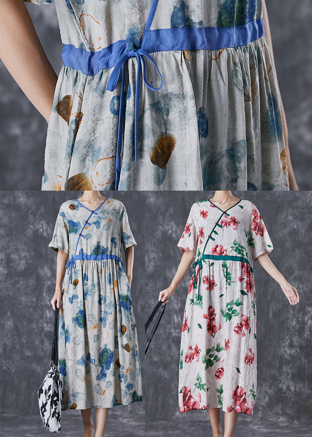 DIY Blue Cinched Print Linen Silk Holiday Dress Summer - Image 5