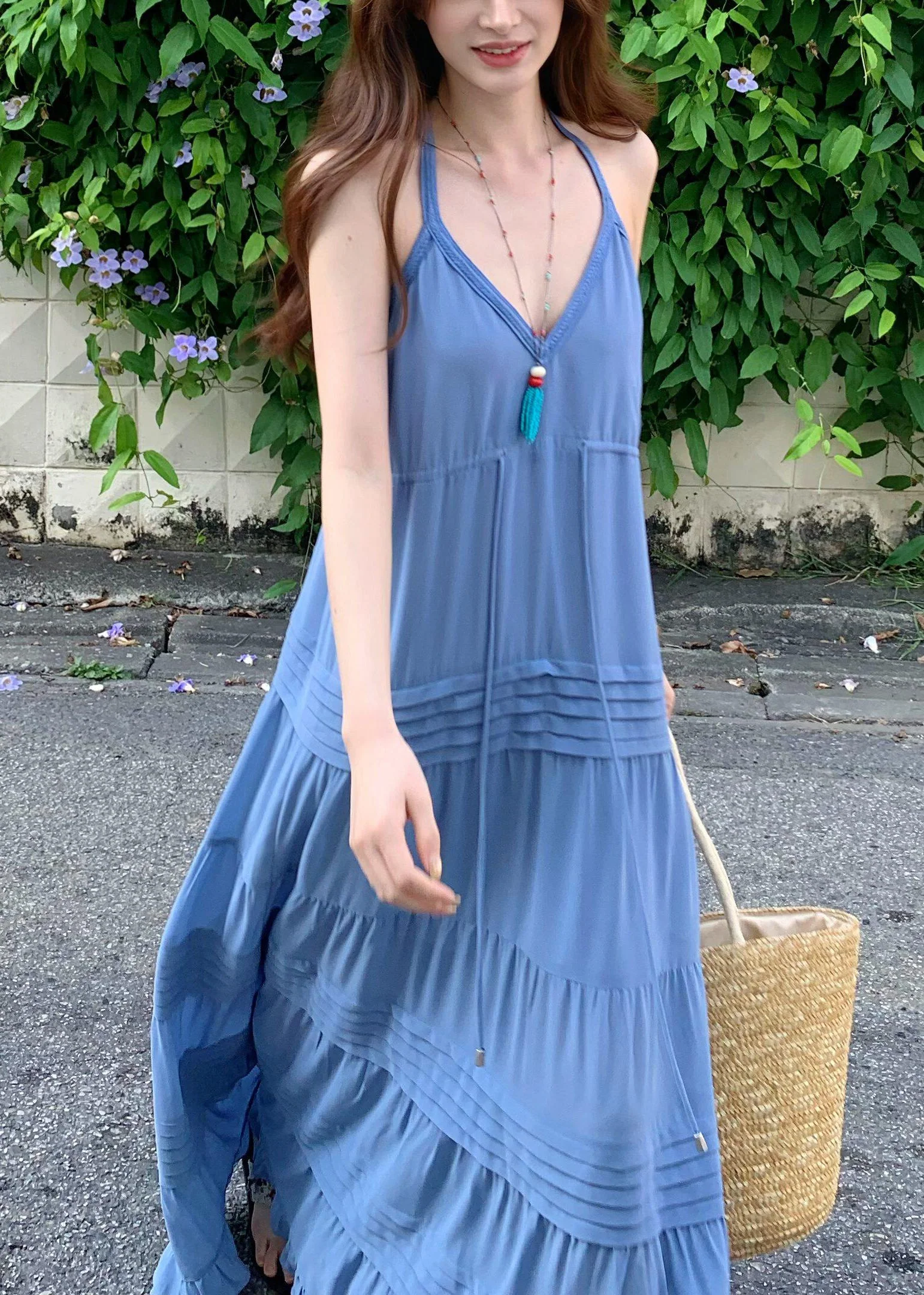 DIY Blue Cinched Wrinkled Cotton Spaghetti Strap Dress Summer - Image 2
