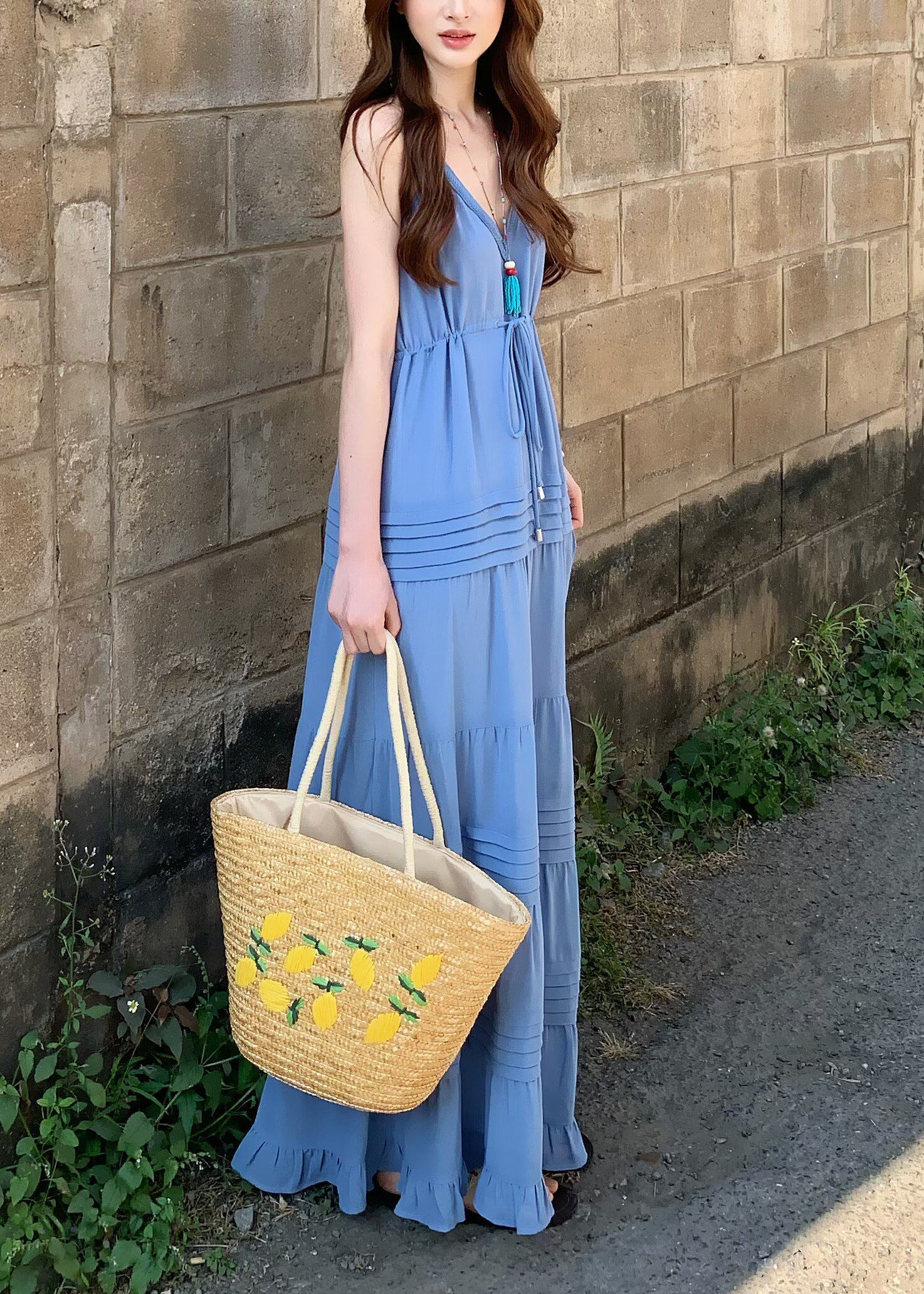 DIY Blue Cinched Wrinkled Cotton Spaghetti Strap Dress Summer - Image 4