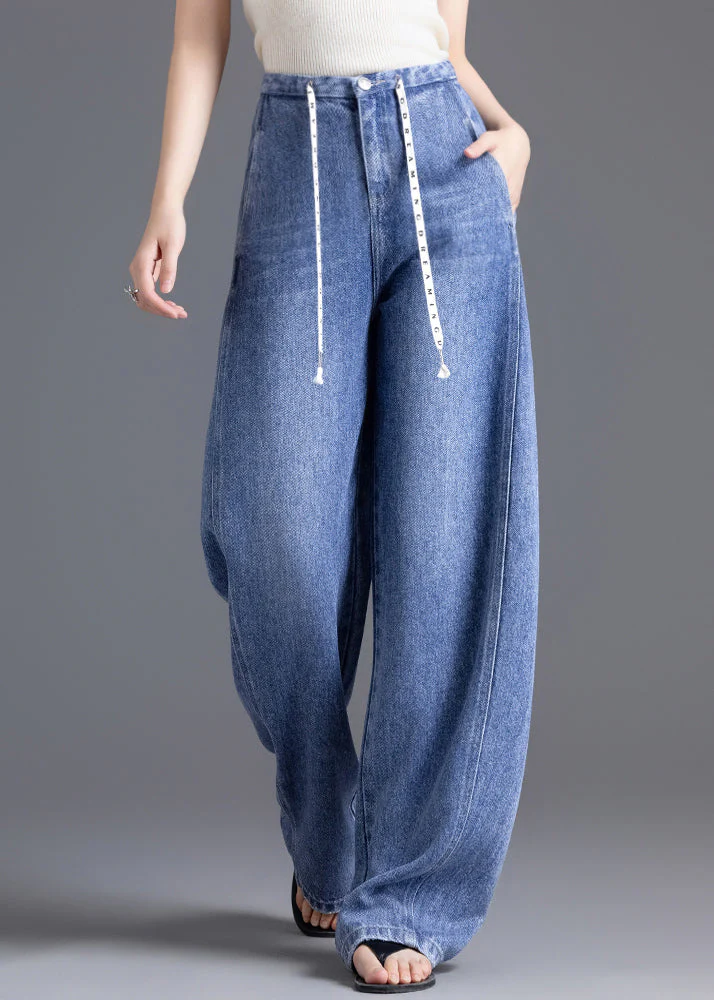 DIY Blue High Waist Drawstring Denim Pants Spring - Image 2