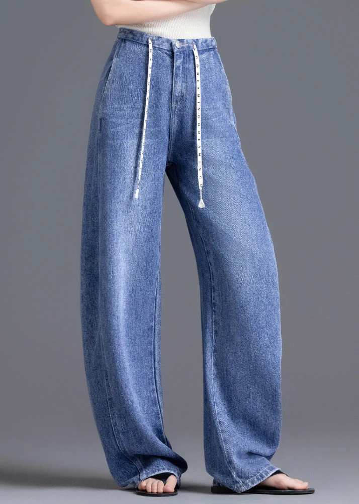 DIY Blue High Waist Drawstring Denim Pants Spring - Image 3