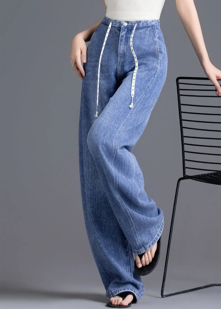 DIY Blue High Waist Drawstring Denim Pants Spring - Image 4