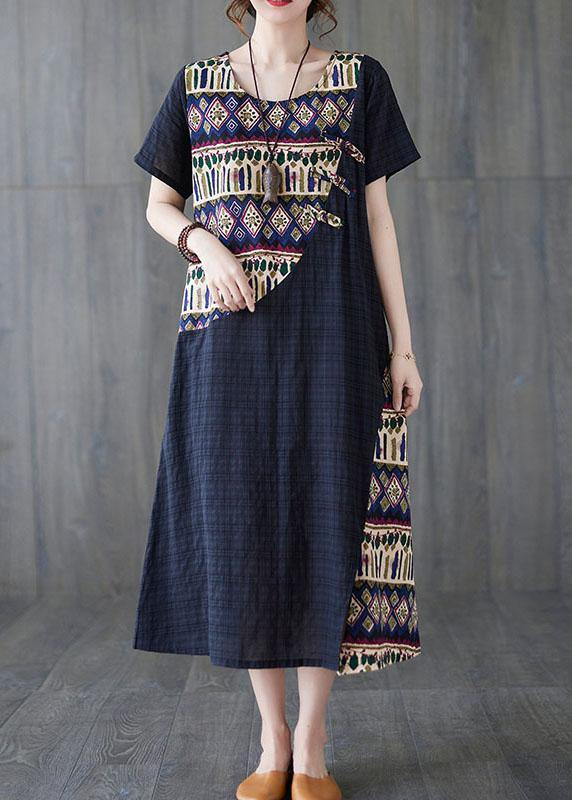 DIY Blue O-Neck asymmetrical design Summer Cotton Dress - Image 2