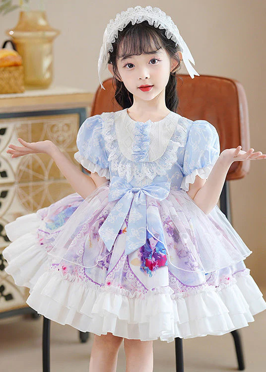 DIY Blue O-Neck Print Patchwork Bow Tulle Girls Mid Dress Puff Sleeve - Image 2