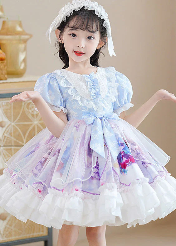 DIY Blue O-Neck Print Patchwork Bow Tulle Girls Mid Dress Puff Sleeve - Image 3