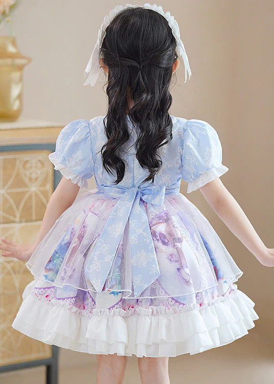 DIY Blue O-Neck Print Patchwork Bow Tulle Girls Mid Dress Puff Sleeve - Image 4