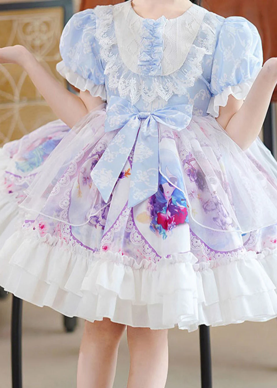 DIY Blue O-Neck Print Patchwork Bow Tulle Girls Mid Dress Puff Sleeve - Image 5