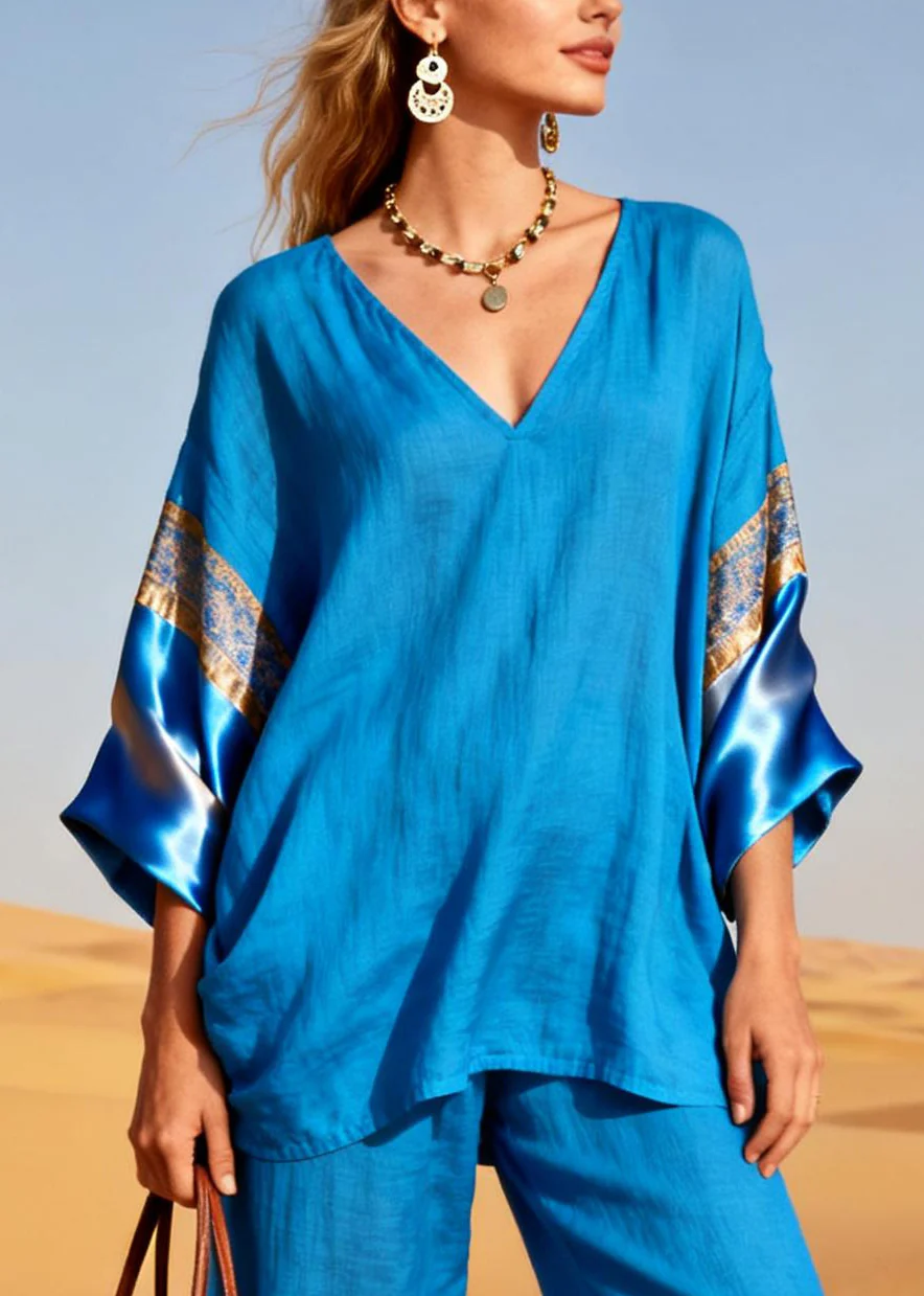 Diy Blue Oversized Patchwork Linen Silk Two Piece Set Outfits Spring - Image 2