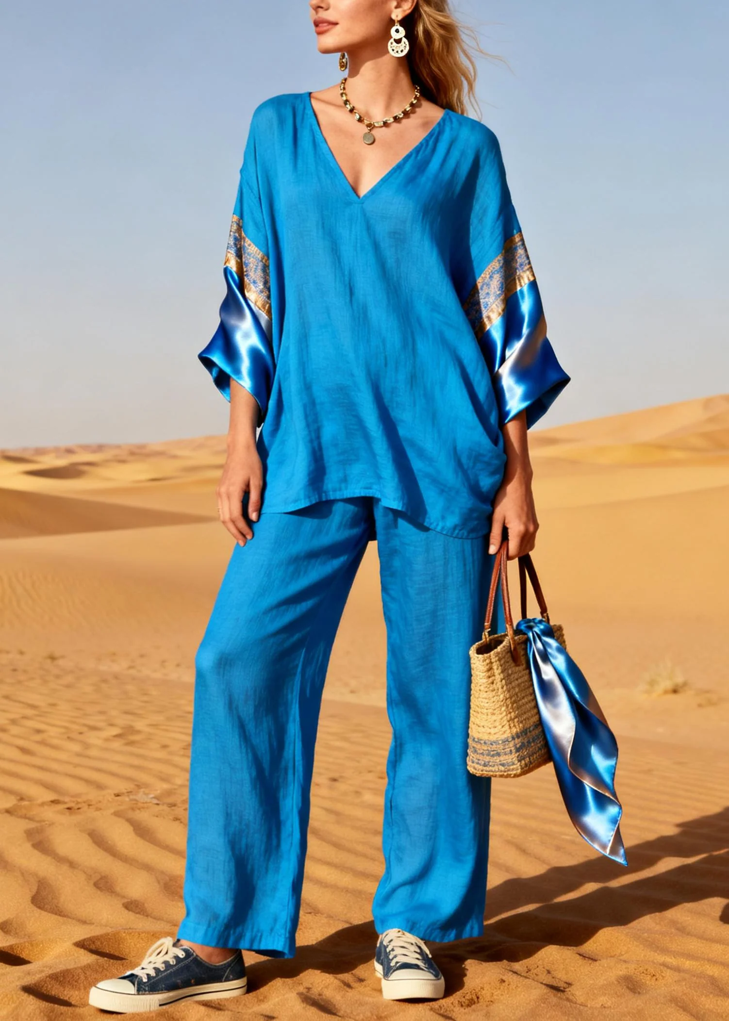 Diy Blue Oversized Patchwork Linen Silk Two Piece Set Outfits Spring - Image 3