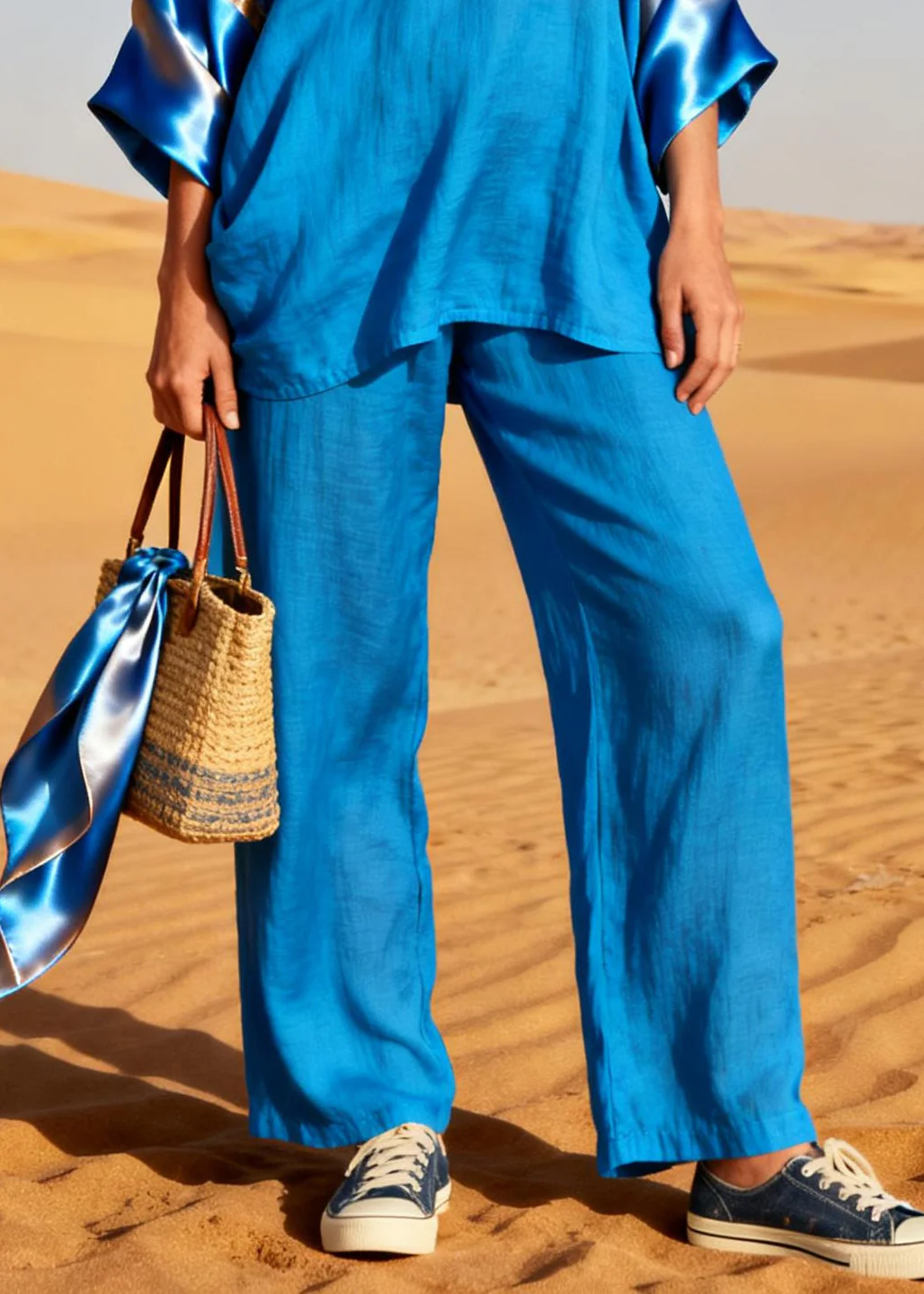 Diy Blue Oversized Patchwork Linen Silk Two Piece Set Outfits Spring - Image 4