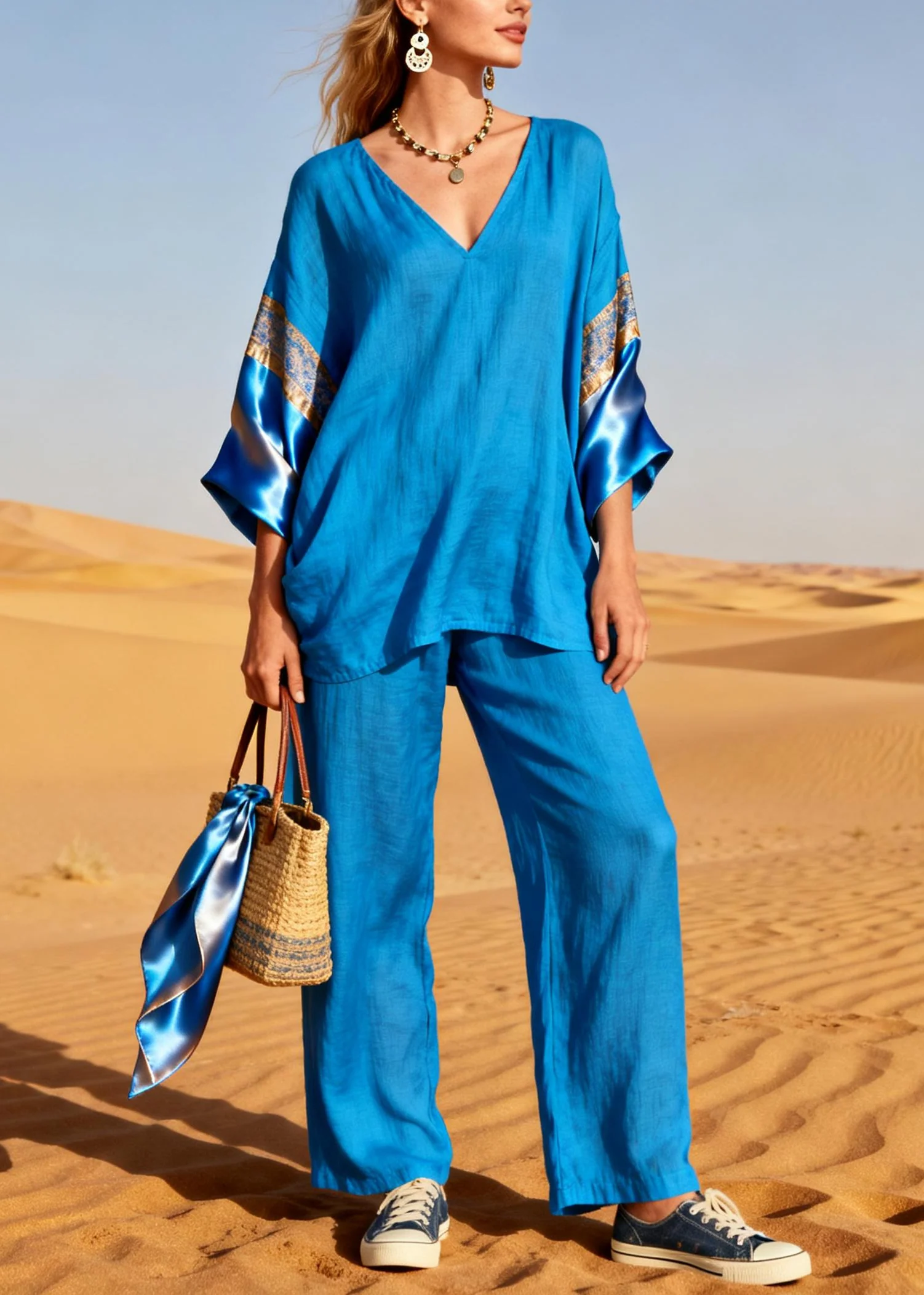 Diy Blue Oversized Patchwork Linen Silk Two Piece Set Outfits Spring - Image 5