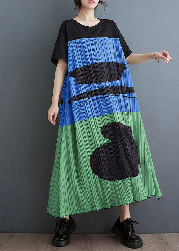 DIY Blue Oversized Patchwork Print Cotton Maxi Dress Summer - Image 2