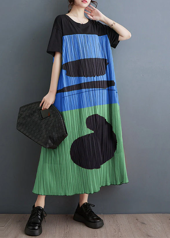 DIY Blue Oversized Patchwork Print Cotton Maxi Dress Summer - Image 3