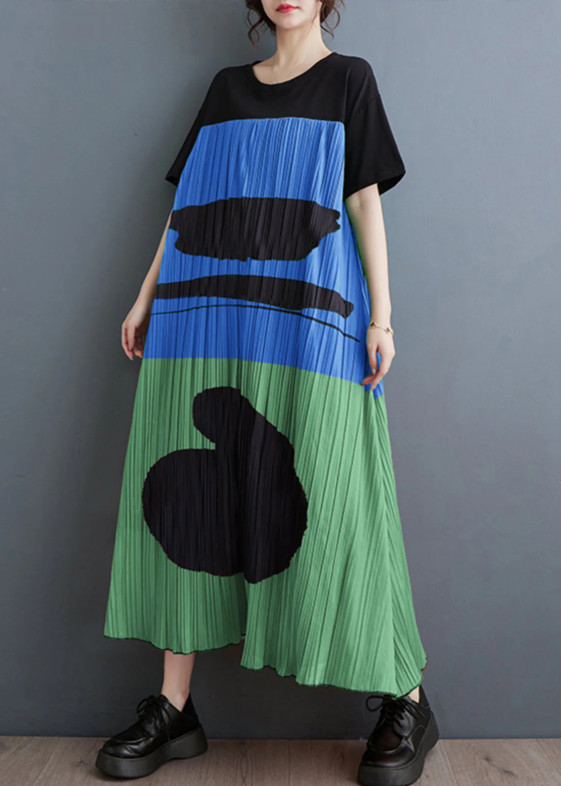 DIY Blue Oversized Patchwork Print Cotton Maxi Dress Summer - Image 4