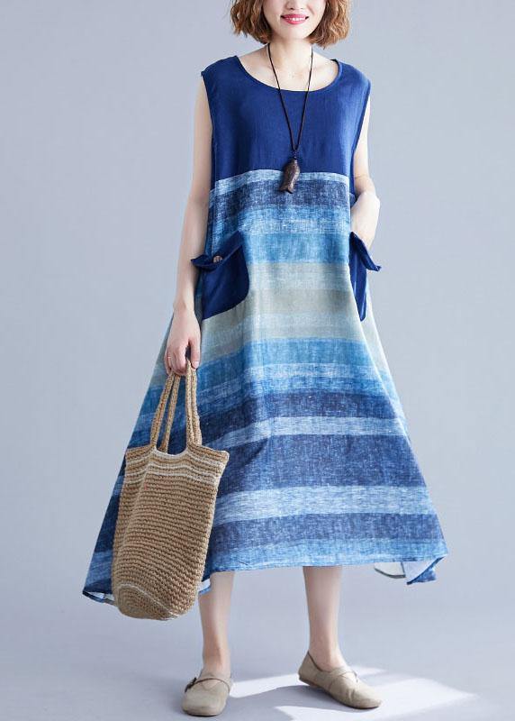 Diy Blue Patchwork Striped O-Neck Summer Cotton Dress - Image 3
